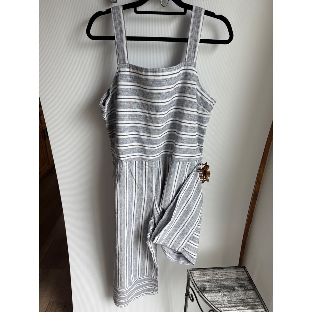 Beach Lunch Lounge Blue stripe Linen Cotton blend Romper Sz XL Coastal Nautical - Picture 3 of 13